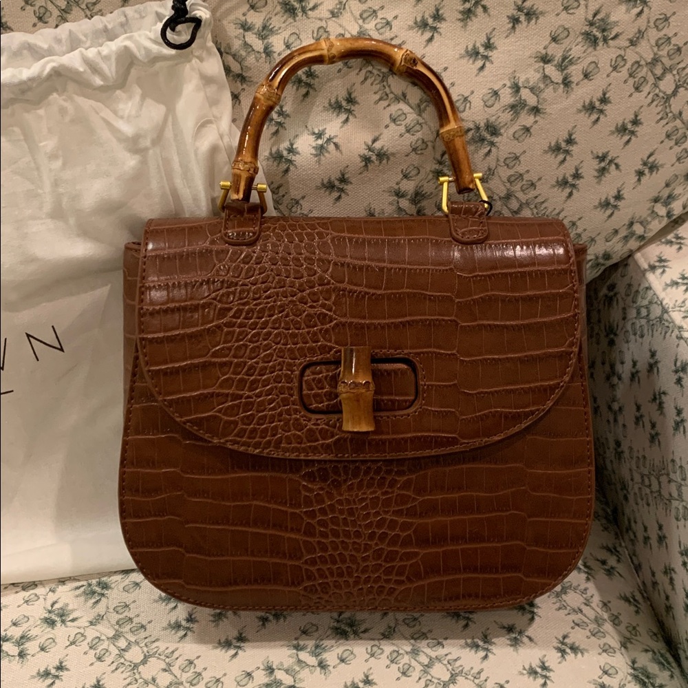 Fawn Design Brown Crocodile-Embossed Bamboo Top Handle Bag - Picture 2 of 4